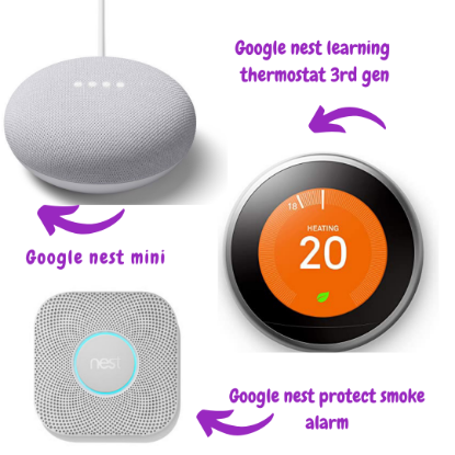 Google cosy home bundle with Google nest mini, Google nest learning thermostat 3rd gen and Google nest protect smoke alarm